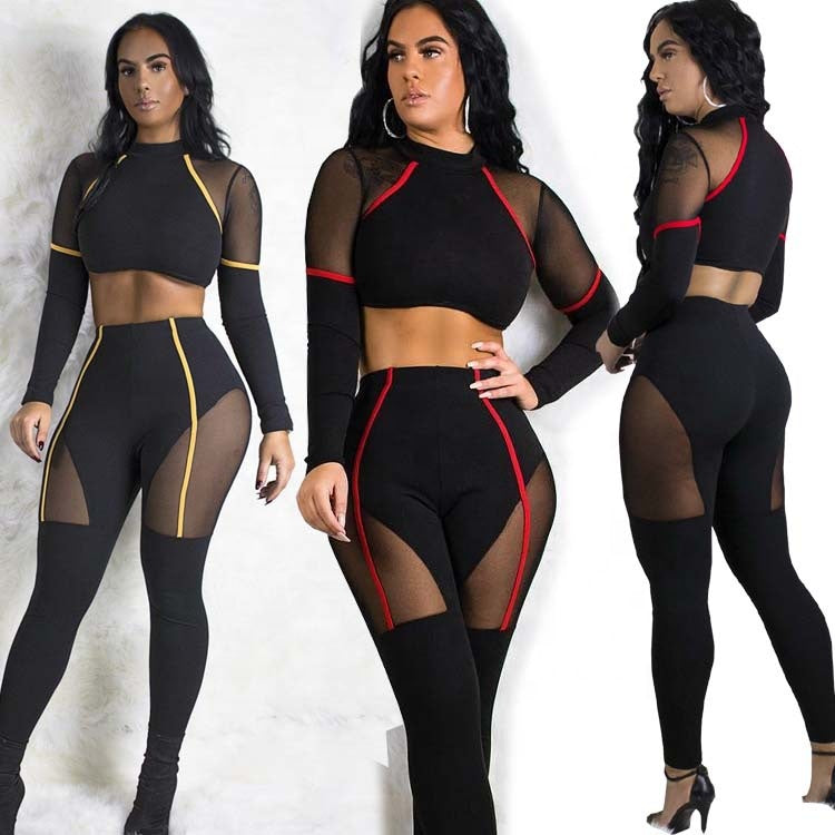 Sport Set Mesh Patchwork Two Piece Set Woman Yoga Fitness Clothing Long Sleeves Lace Gym Wear