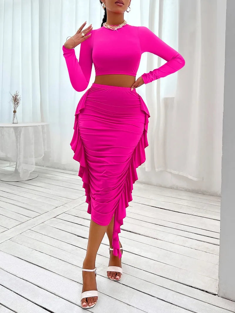 Solid O Neck Crop Top and Long Sleeve Skirt Set with Ruffle Edge Pleated Waist Short Length-Women's Two-Piece Suit