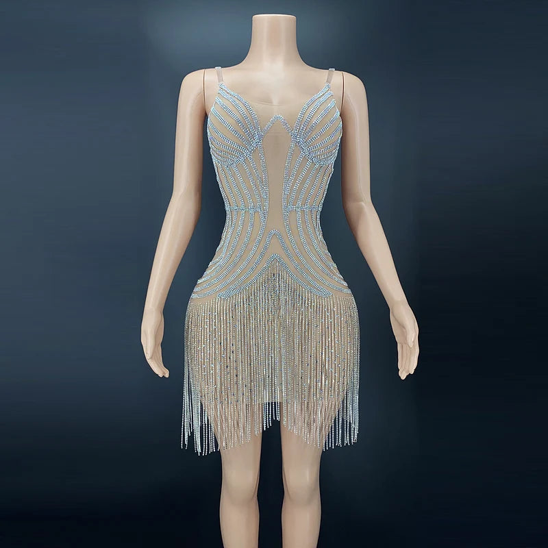 Sexy Sleeveless Diamond Fringe Knee Length Dress. Perfect for parties, proms or nightclubs