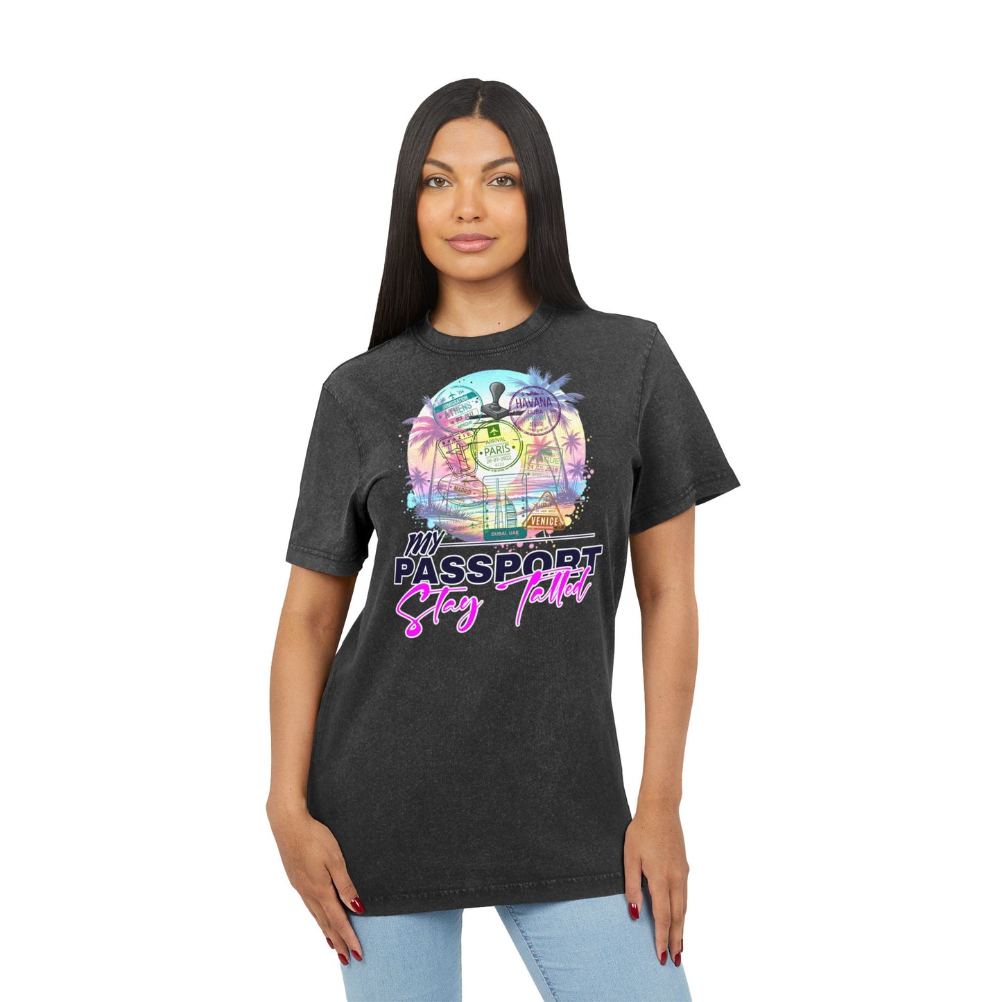 Vacation Vibes Acid-Wash Tee — "My Passport, Stay Tatted" Retro Beach Graphic