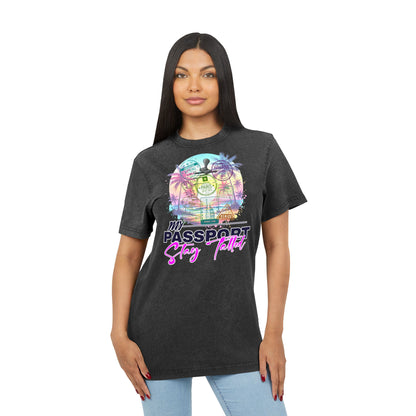 Vacation Vibes Acid-Wash Tee — "My Passport, Stay Tatted" Retro Beach Graphic