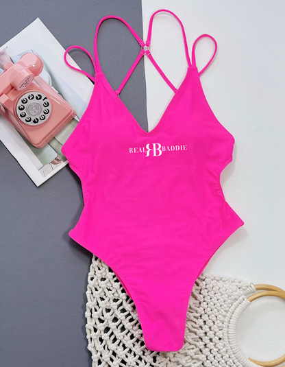 Real Baddie Women's One Piece Swimsuit, Strappy Cross Back, High Cut Leg, Deep V-Neck, Beachwear