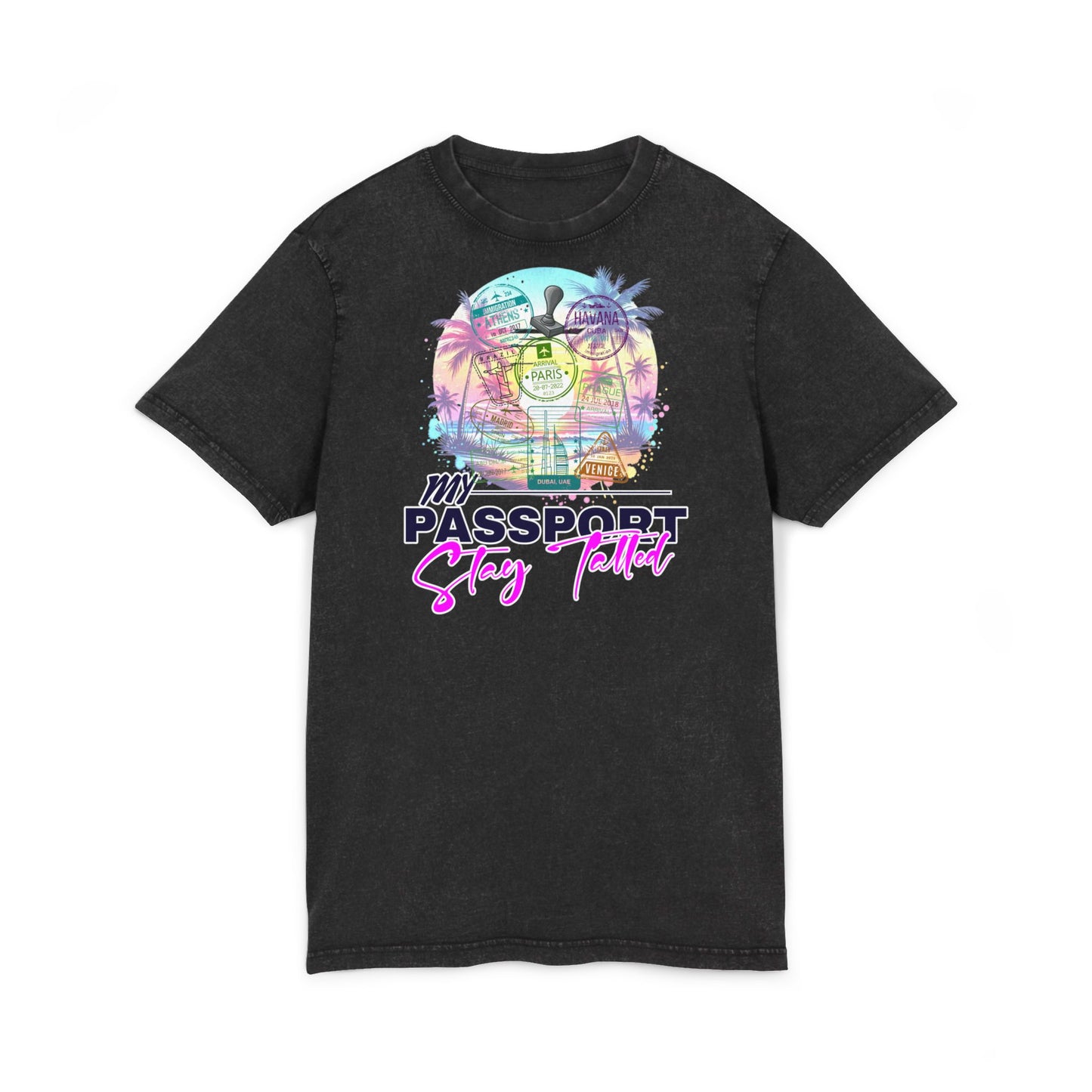 Vacation Vibes Acid-Wash Tee — "My Passport, Stay Tatted" Retro Beach Graphic