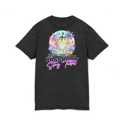 Vacation Vibes Acid-Wash Tee — "My Passport, Stay Tatted" Retro Beach Graphic