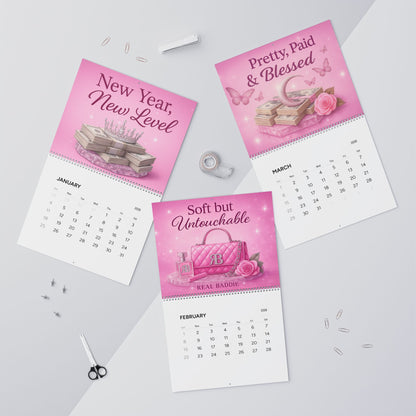 2026 Pink Motivational Wall Calendar — "New Year, New Level" & "Booked, Busy & Blessed" Monthly Planner