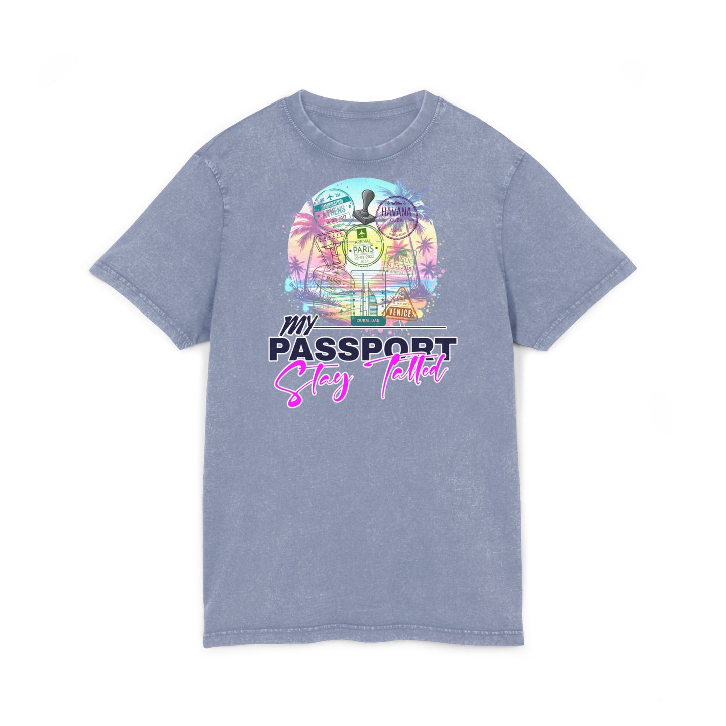 Vacation Vibes Acid-Wash Tee — "My Passport, Stay Tatted" Retro Beach Graphic