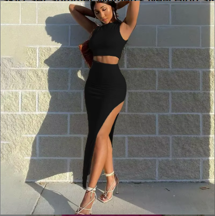 Two-piece Top and High Slit Skirt Set