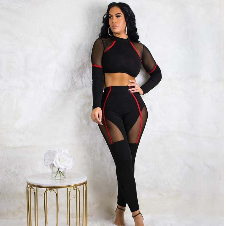 Sport Set Mesh Patchwork Two Piece Set Woman Yoga Fitness Clothing Long Sleeves Lace Gym Wear