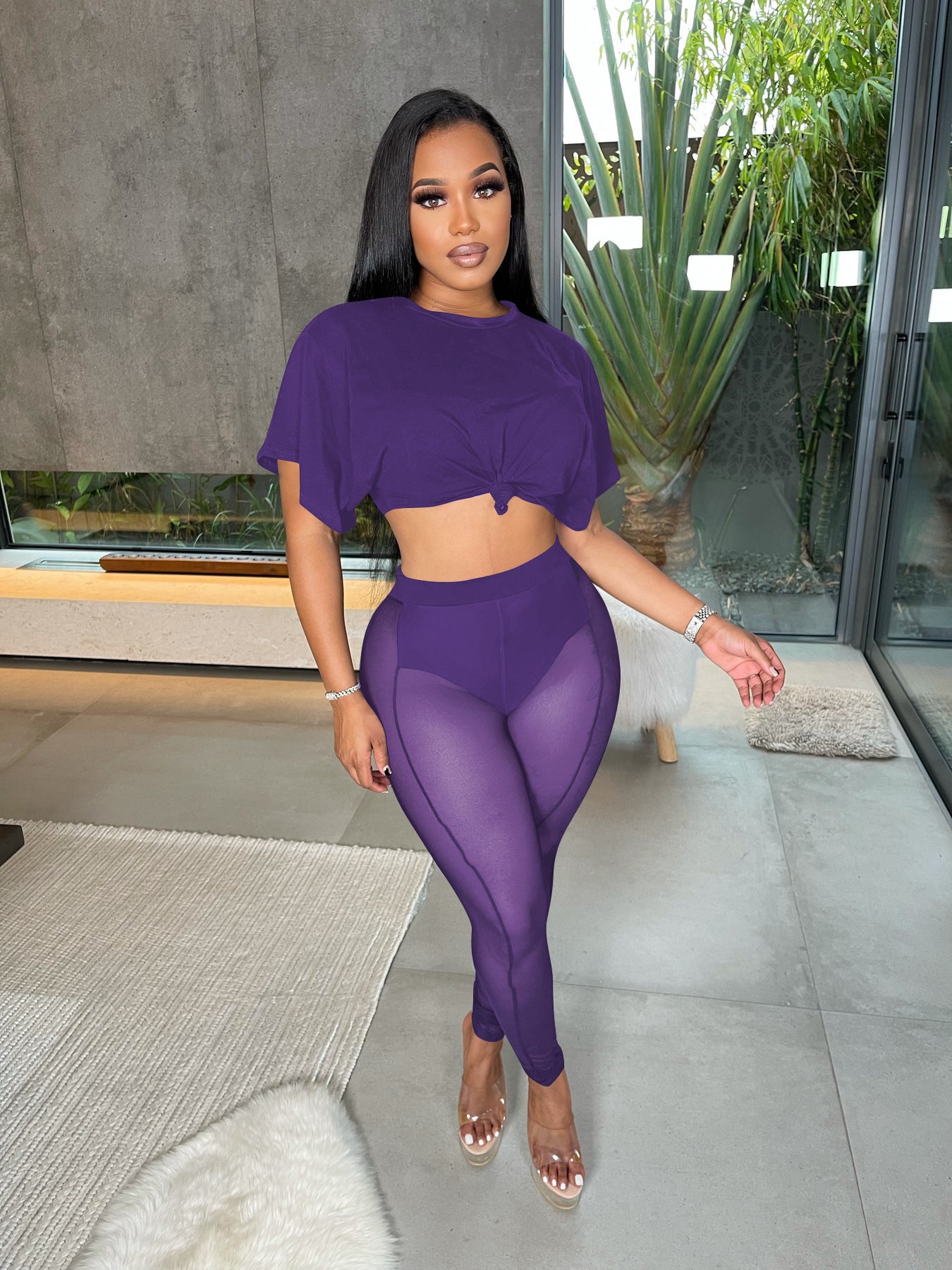 2 Piece Set High Waist Pants Mesh See Through Crew Neck Crop Top