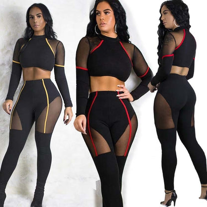 Sport Set Mesh Patchwork Two Piece Set Woman Yoga Fitness Clothing Long Sleeves Lace Gym Wear