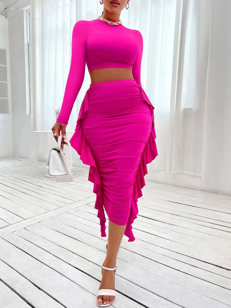 Solid O Neck Crop Top and Long Sleeve Skirt Set with Ruffle Edge Pleated Waist Short Length-Women's Two-Piece Suit