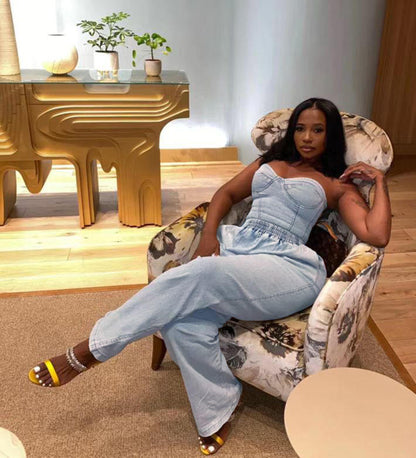 Denim Tube Top and Stretch jeans 2 Piece Set