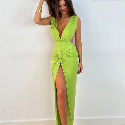 Backless Deep V-neck Sexy Bodycon Dress High Slit Knot Party Vestidos