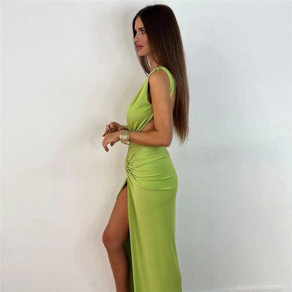 Backless Deep V-neck Sexy Bodycon Dress High Slit Knot Party Vestidos