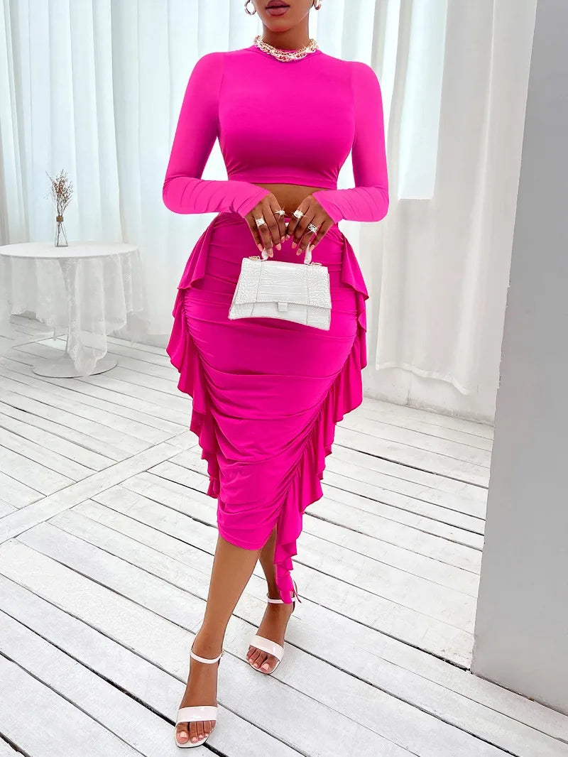 Solid O Neck Crop Top and Long Sleeve Skirt Set with Ruffle Edge Pleated Waist Short Length-Women's Two-Piece Suit