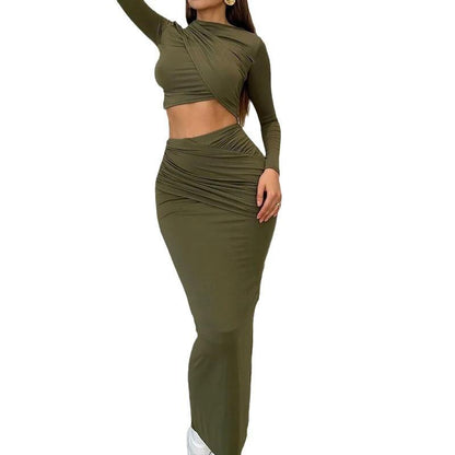 Solid Color Round Neck Long Sleeved Crop Top Casual Skirt Two Piece Set