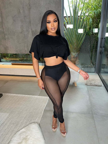 2 Piece Set High Waist Pants Mesh See Through Crew Neck Crop Top