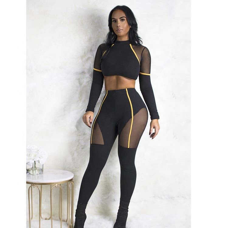 Sport Set Mesh Patchwork Two Piece Set Woman Yoga Fitness Clothing Long Sleeves Lace Gym Wear