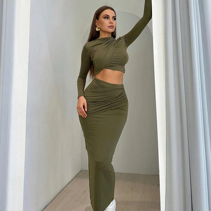 Solid Color Round Neck Long Sleeved Crop Top Casual Skirt Two Piece Set