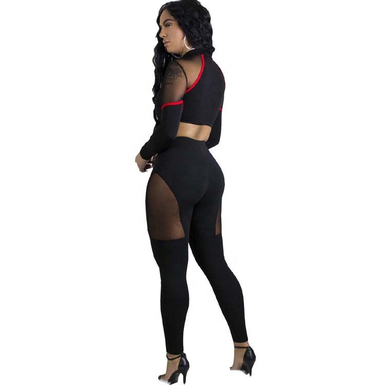 Sport Set Mesh Patchwork Two Piece Set Woman Yoga Fitness Clothing Long Sleeves Lace Gym Wear
