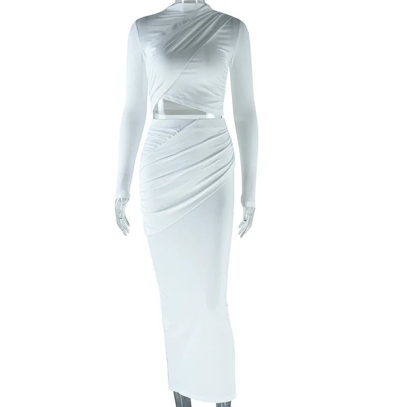 Solid Color Round Neck Long Sleeved Crop Top Casual Skirt Two Piece Set