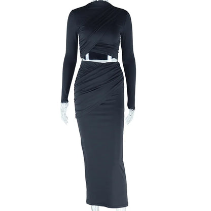 Solid Color Round Neck Long Sleeved Crop Top Casual Skirt Two Piece Set