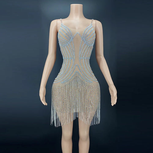 Sexy Sleeveless Diamond Fringe Knee Length Dress. Perfect for parties, proms or nightclubs