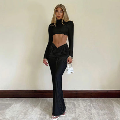 Elegant Long Sleeve Crop Top Low Waist Maxi Skirt